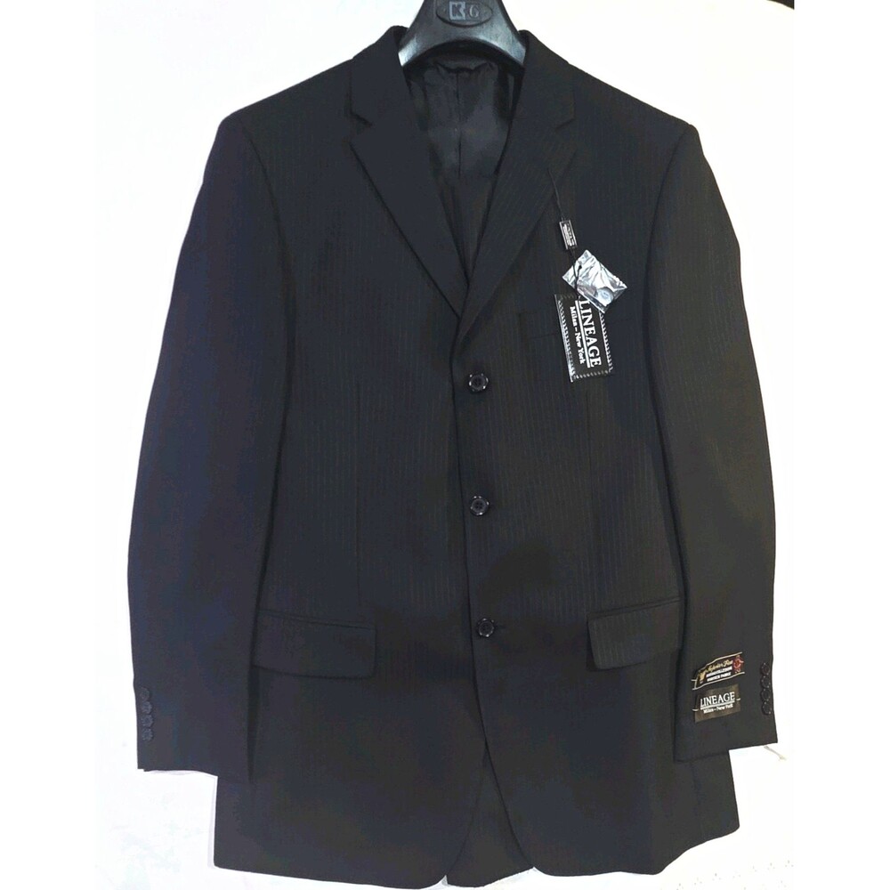 Lineage Men’s Black Pinstripe 2-Piece Suit 42L 36W Single-Breasted 3-Button